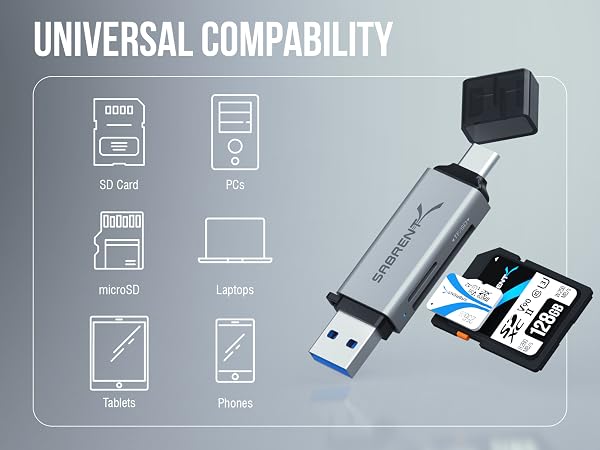 Text reads 'UNIVERSAL COMPABILITY'. Icons showing device compatibility: SD card, mobile device, tablet, laptop, and phone symbols with USB connection illustration.