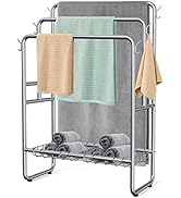 40" H Free Standing Towel Rack with 2 Storage Baskets & 6 Hooks, 3 Tier Silver Metal Towel Stand ...