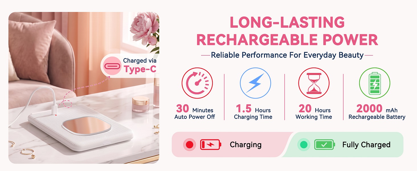 2000mAh rechargeable battery, 1.5h charging for 20h use, supports multiple charging methods