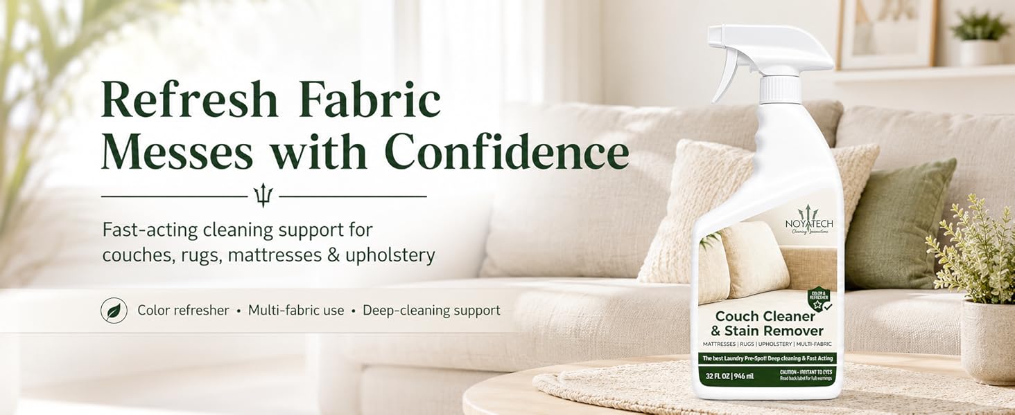 Spray bottle of NOYATECH Couch Cleaner & Stain Remover beside a clean beige couch in a sunlit room