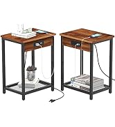 End Table Set of 2 with Charging Station and USB Ports 2-Tier Side Table with Storage Shelves Nig...