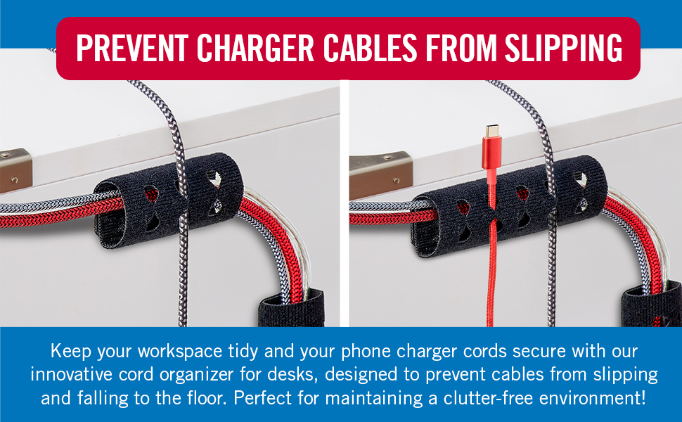VELCRO Brand cord hider keeping charging cables neat on a modern home office desk
