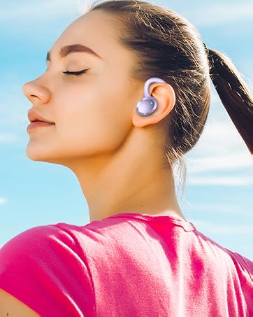 Rulefiss Q38 wireless earbuds. Features include 48d sound, 5.3 Bluetooth, 14.2MM drivers, and IP7 water resistance. Image shows a person wearing one earbud.