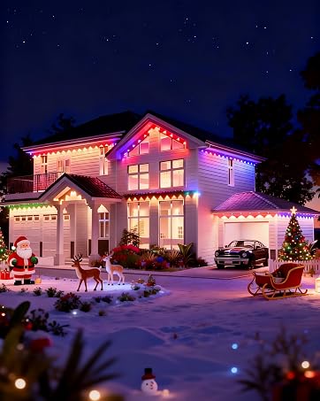 Nighttime scene of a residential house decorated with vibrant pink and purple LED lighting. Illuminated decorative lights outline the house structure, roof, and surrounding landscape.