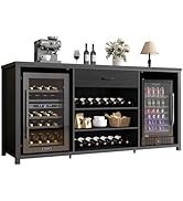 LVB Long Coffee Bar Cabinet with Fridge Space, Modern Wood Metal Large Wine Liquor Cabinet with R...