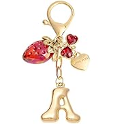 Snycler Bubble Initial Keychain with Strawberry & Bow- Gold Letter Bag Charms for Women, Cute Pur...