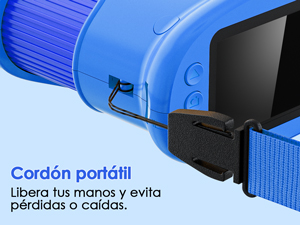 Text reads 'Cordón portátil' and 'Libera tus manos y evita pérdidas o caídas'. Blue handheld device with black attachment shown against light blue background.