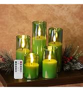 Girimax Green Glass Flameless Pillar Candles with Remote Batteries, Flickering Slim Tall LED Wax ...
