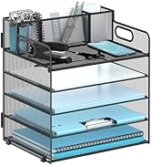 JMHUD 5-Tier Paper Letter Tray Organizer with Pen Holder, Mesh Desk Accessories & Workspace Organ...