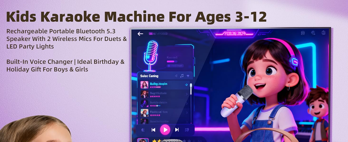 Kids Karaoke Machine for Ages 3-12, Portable Bluetooth Speaker with Two Wireless Microphones