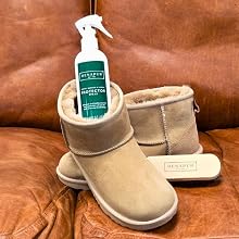 Sequence showing application of cleaning/care product on beige suede shoes. Multiple angles demonstrate the cleaning and maintenance process on casual slip-on footwear.