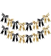 2 Strings Black Gold Bow Garland Banner Decorations, Pre-Strung Satin Ribbon Bows for Birthday, B...