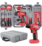 Hi-Spec 58pc Red 8V Electric Drill Driver & Household Tool Kit Set. A DIY Cordless Power Screwdriver
