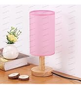 Pink Small Bedside Table Lamp for Bedroom,Natural Round Wood Base&Fabric Linen Shade,Cozy Night T...