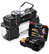 MESHUBA Dual Cylinder Tire Inflator Air Compressor with Tire Repair Kit and Toolbox Portable Air ...