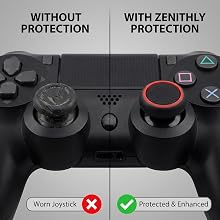 Before and after comparison showing worn joystick versus protected joystick with silicone grip cap