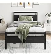HOJINLINERO Black Twin Bed Frame with Wood Headboard,Metal Single Platform Bed Frame Twin Size No...