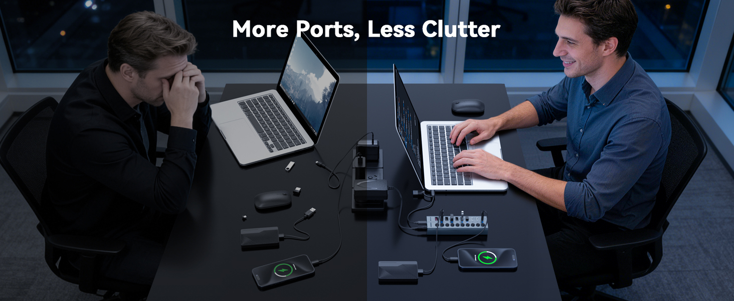 Text reads 'More Ports, Less Clutter'. Two men at dark desk with laptops, one pointing at screen, suggesting tech product or service demonstration.