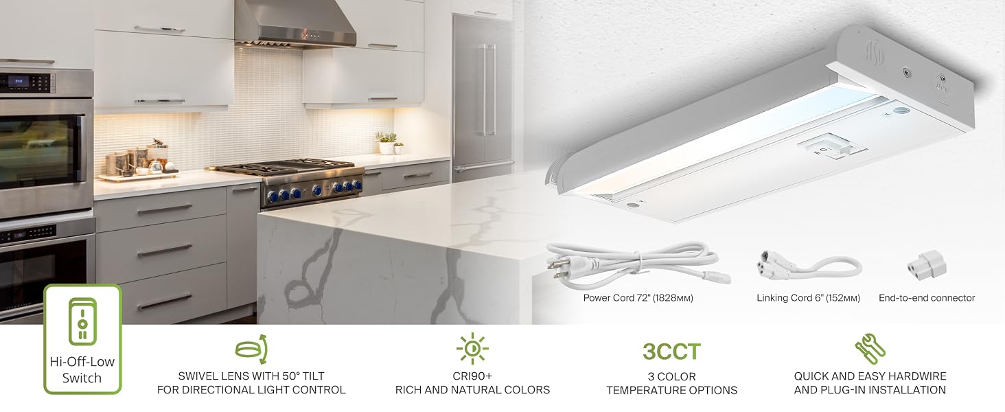 Swivel Lens with 50º Tilt, CRI90+ Rich and Natural Colors, 3CCT, Hardwire and Plug-in Installation