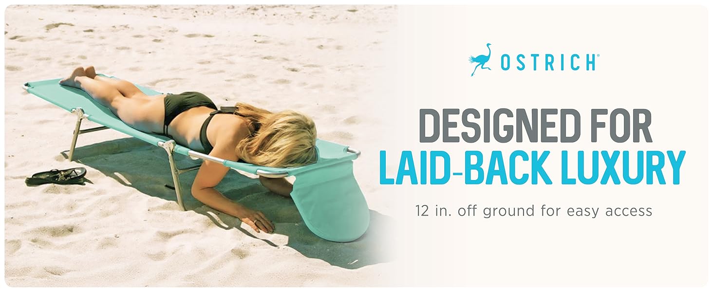 A woman sunbathing on a lounger at the beach. Text reads: Ostrich Designed for Laid-Back Luxury.