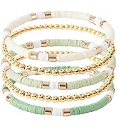 GOOJIDS Surfer Heishi Clay Bead Bracelets for Women Bohemian Stackable Gold Beaded Stretch Bracel...
