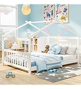 Giantex Full Size Floor Bed, Solid Wood Montessori House Bed with Roof, Headboard and Footboard, ...