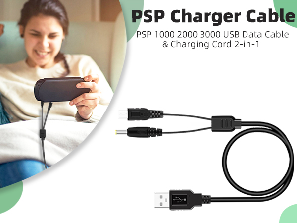 PSP 1000 2000 3000 USB Data Cable& Charging Cord 2-in-1