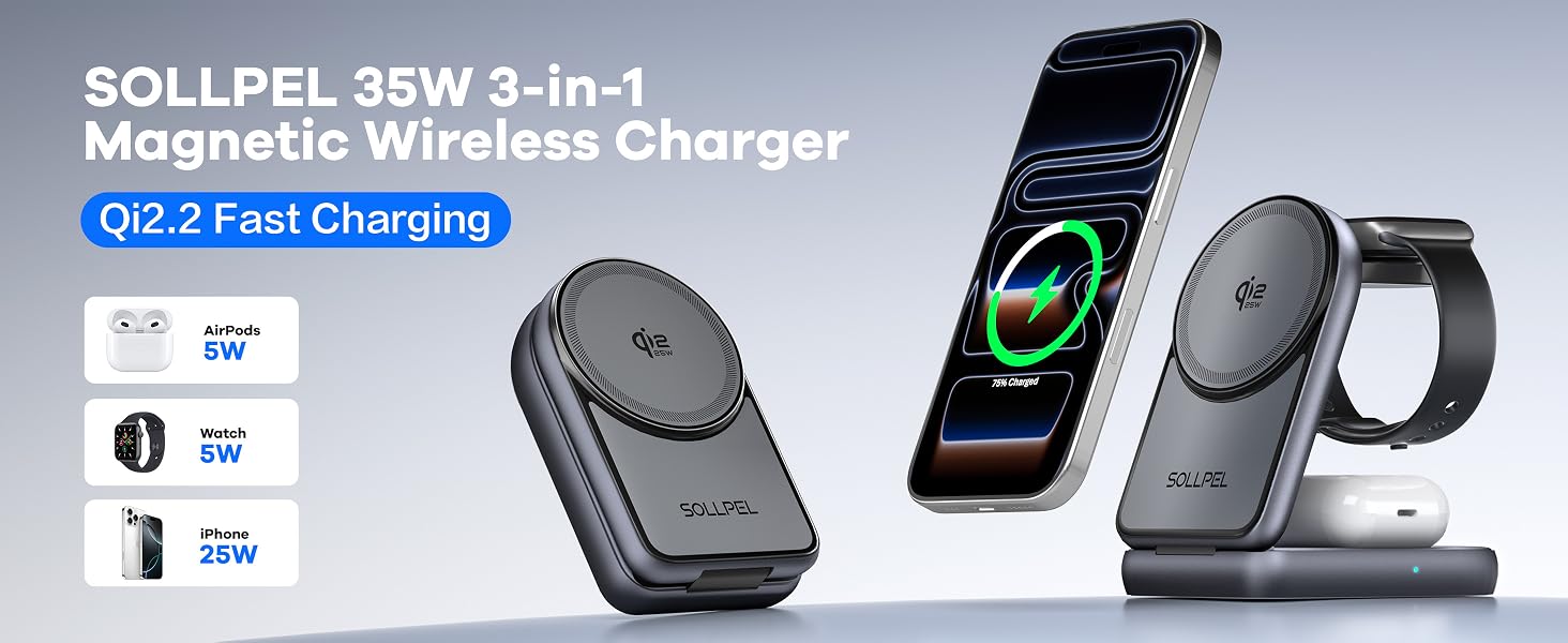 SOLLPEL 35W 3-in-1 Magnetic Wireless Charger