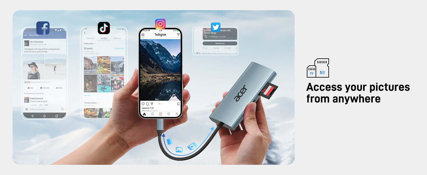 Interface screenshots showing cloud photo storage functionality with icons and navigation elements for accessing pictures across devices.