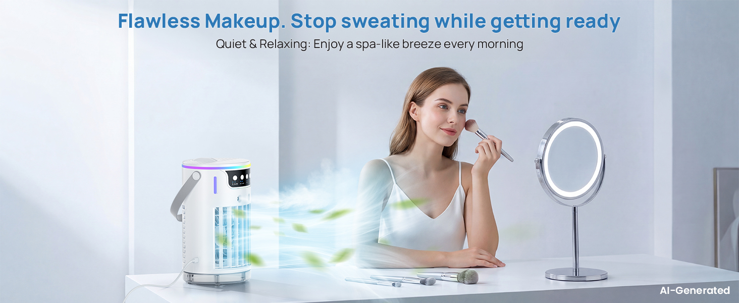 A personal ac fan cools a woman, stopping sweat for flawless makeup