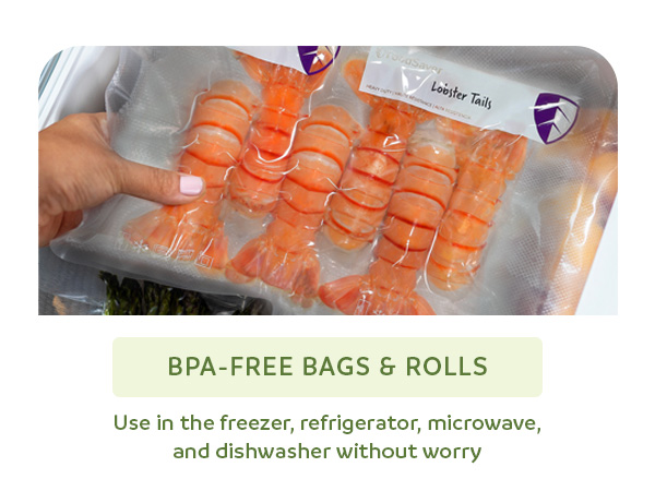 Sealed lobster tails in a freezer with BPA-free text