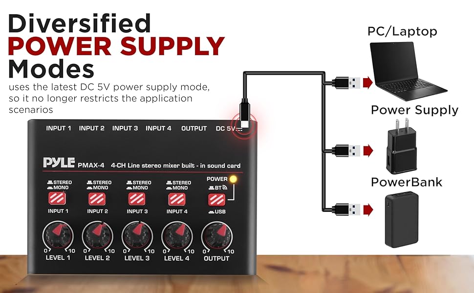 4-Channel Wireless BT Streaming Mini Line Mixer with USB Audio Interface