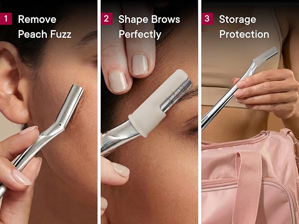 Text reads: '1. Remove Peach Fuzz 2. Shape Brows Perfectly 3. Storage Protection'. Three-panel image showing close-up demonstration of precision beauty tool usage and storage in pink case.