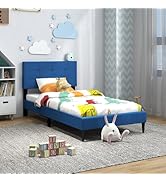 Giantex Twin Bed Frames for Kids, Modern Fabric Linen Upholstered Platform Bed Frame with Button ...