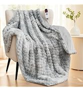Heated Throw Blanket 50"x60", Tie-Dye Electric Blanket with 3D Hydrangea, Luxury Faux Rabbit Fur&...