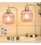 QiMH Industrial Table Lamp for Bedroom Set of 2, Pink Glass Beside Lamp with USB A&C Ports, Stepl...