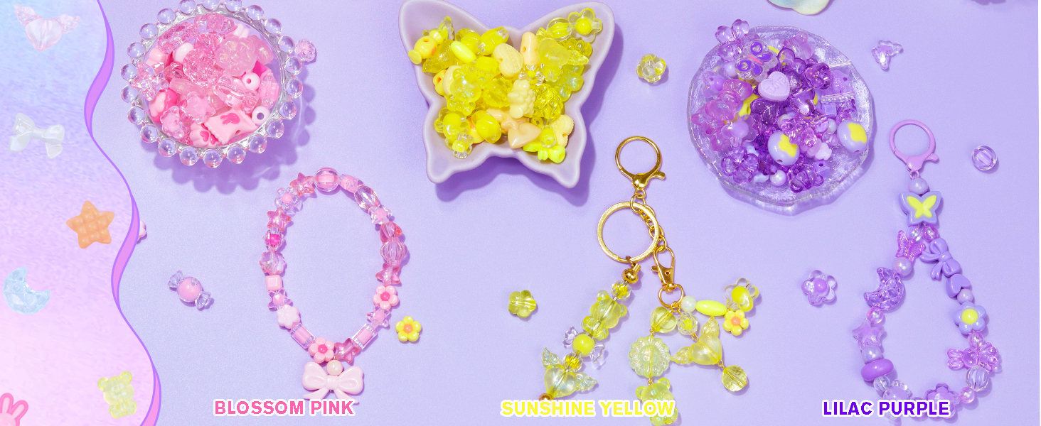 Blossom Pink, Sunshine Yellow, Lilac Purple