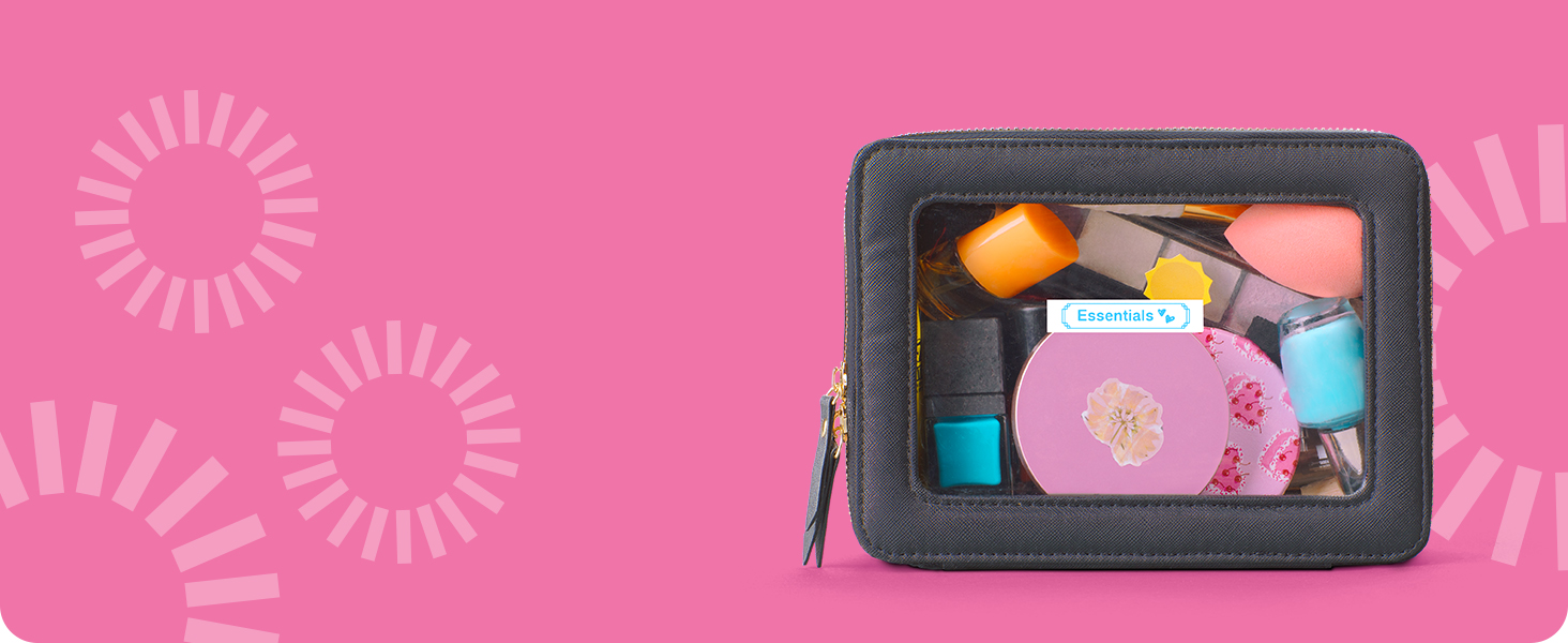 Travel bag with P-touch Btag label reading "Essentials" with heart symbol and decorative frame