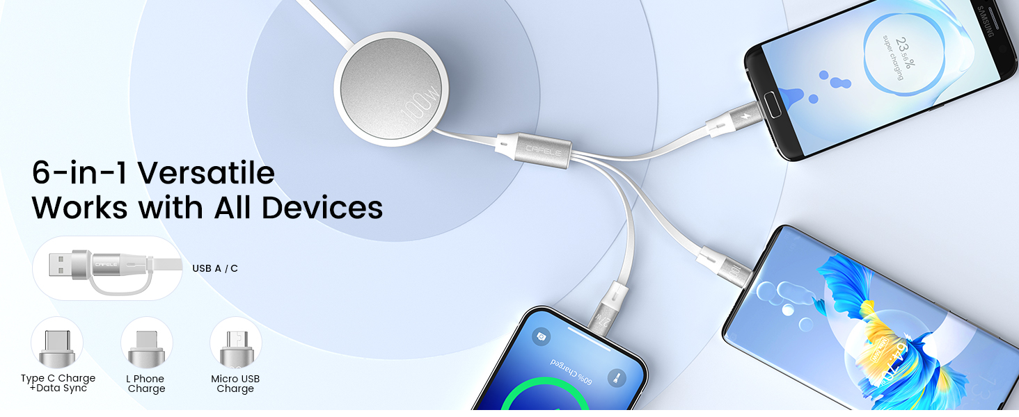 multi retractable usb c cable 6-in-1 Versatile for All Devices type c, L Phone, Micro USB port