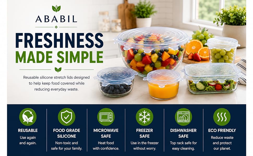 ABABIL reusable silicone stretch lids covering bowls,cups,jars, food containers in multiple sizes.