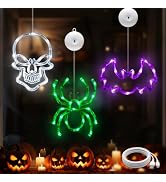 suddus Halloween Window Lights Green Spider, White Skull Head & Violet Bat | 3 Pack Halloween Dec...