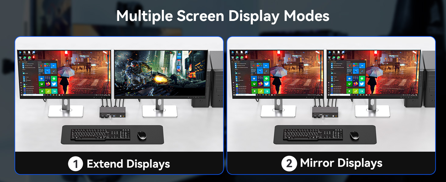 Dual monitor setup displaying screen configuration options with 'Extend Displays' and 'Mirror Displays' modes shown on computer desktop interface.