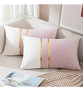 ZLINA Set of 2 Velvet Decorative Lumbar Pillow Covers Pink White Patchwork with Gold Leather Pill...