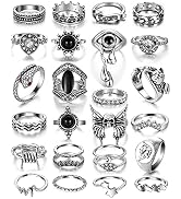 26 PCS Vintage Silver Goth Ring Set for Women Girl, Punk Boho Stackable Finger Knuckle Ring Pack ...