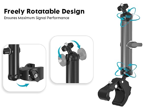 Text reads 'Freely Rotatable Design'. Product images showing black mounting hardware with blue accents demonstrating various rotation positions and adjustment capabilities.