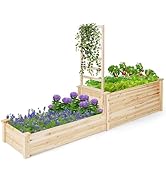 Giantex Raised Garden Bed with Trellis, Set of 2 Wood Shallow & Deep Planter Box for Climbing Pla...