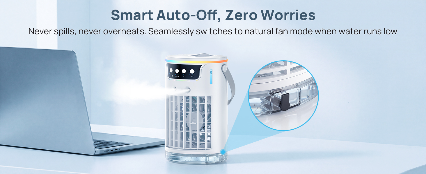 Tech-safe and leak-proof tabletop ac unit with auto-stop mist for workspace