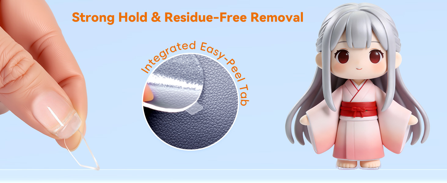 Handle-adhesive dots, simple peel, no mess, no waste