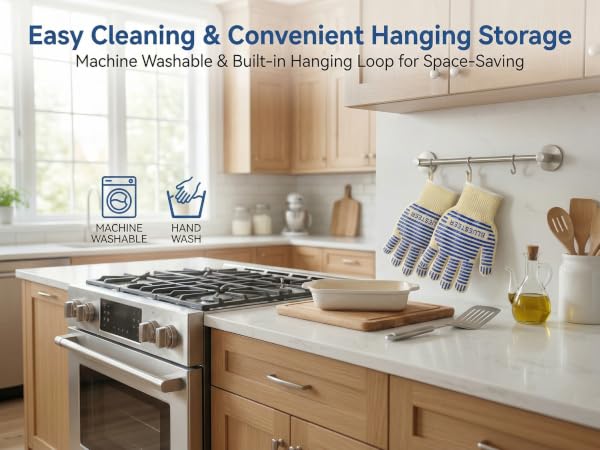 oven gloves, easy to clean (machine/hand washable), convenient hanging storage with built-in loop