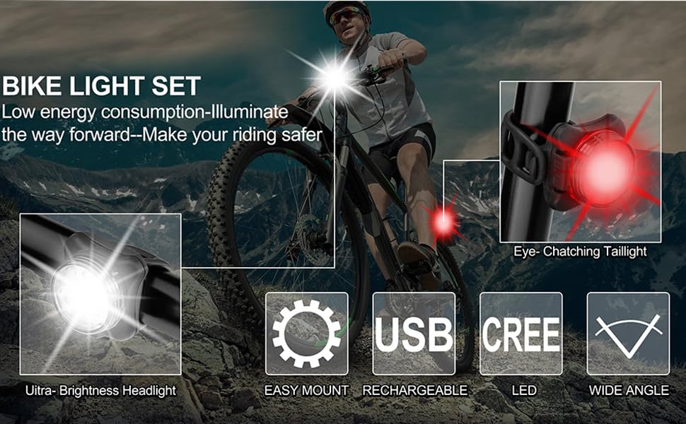 USB Rechargable LED Front and Rear Bicycle Lights with Silicone Mounting Straps and USB Cords